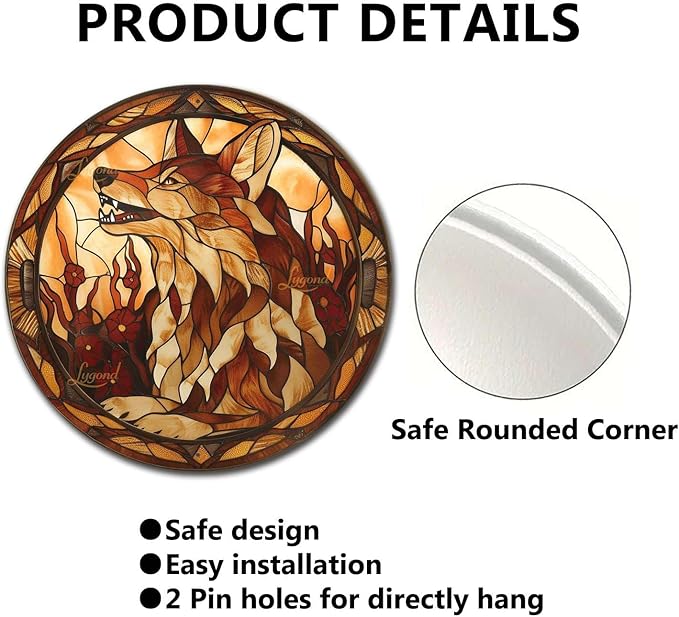 Lygond Metal Sign Tin Sign Circular Stained Glass Coyote Tin Signs Gardening for Bar 8×8 Inches