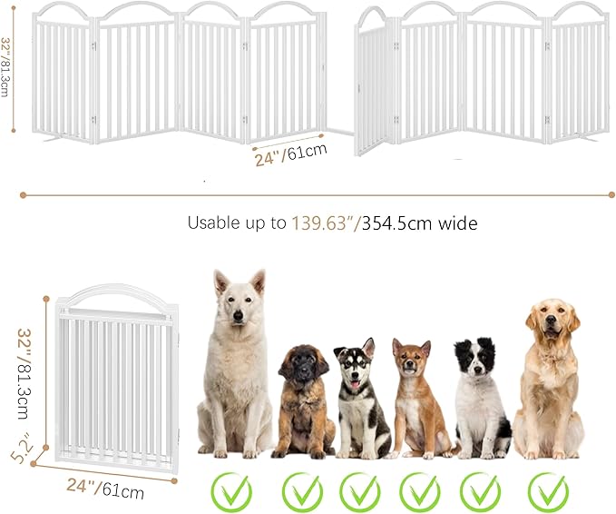 BHG Metal No-Assembly Freestanding Dog Gate with Door Walk Through, Extra Wide 96", Extra Tall 32" Pet Gate, Accordion Puppy Folding Playpen Dog Fence, with 2PCS Support (White, 8 Panels)