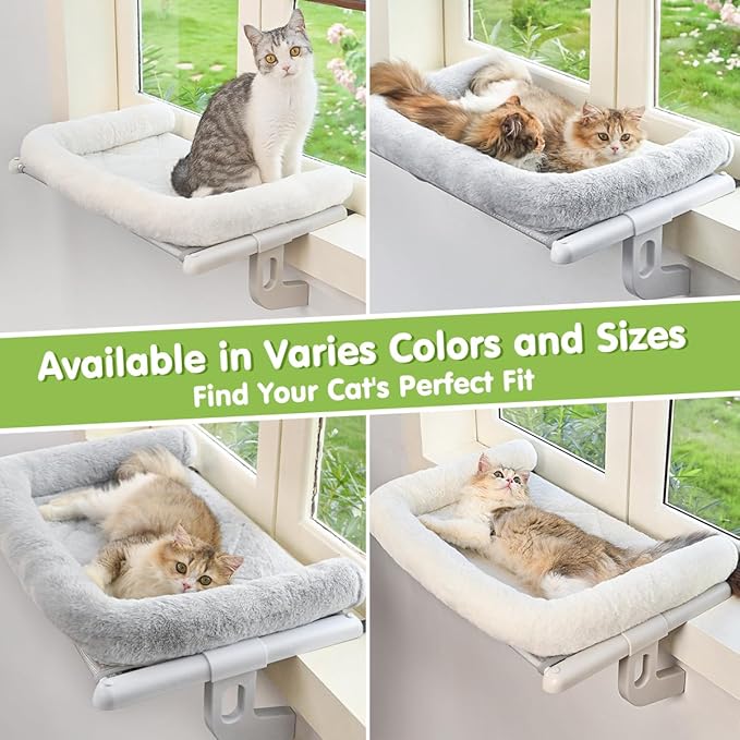 Cat Window Sill Perch with Large Bolster, Easy to Adjust & Assemble Cat Window Seat for Windowsill & Bedside, Pet Hammock Bed for Large Cats and Kittens (Grey, M)