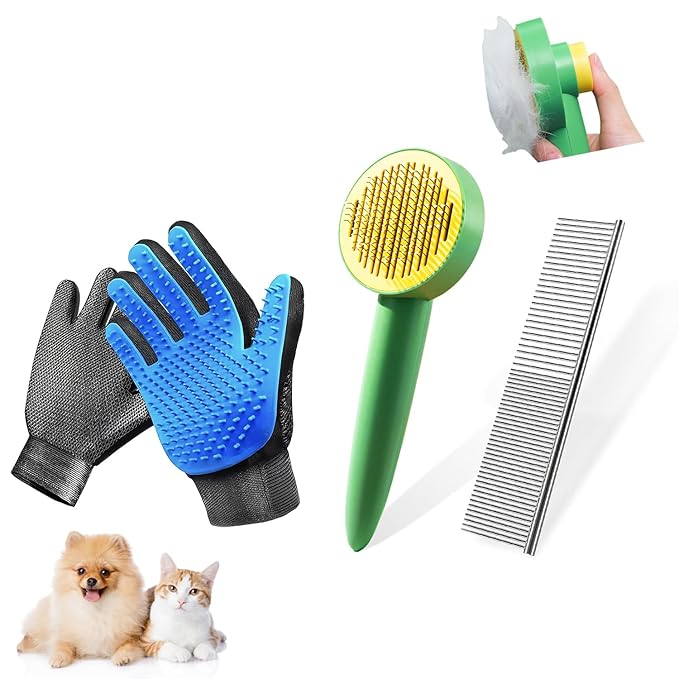 Dog & Cat Brush,Pet Grooming Kit 4PCS- Dog Brush for Shedding| A Pair Pet Hair Removal Gloves| Metal Comb for dog.Removes Undercoat, Loose Hair, Tangled, Dirt and Massages. All hair Types