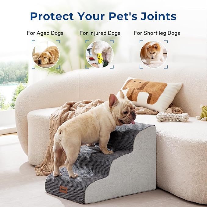 Dog Stairs for Small Dogs - Pet Stairs for Couch and Bed, 35D Foam Dog Steps Ramp with Non-Slip Bottom Brown, 3 Steps