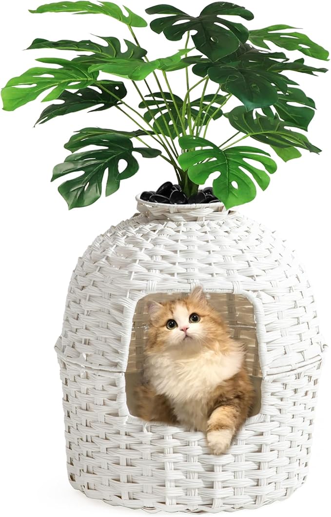 Cat Litter Box Plant Enclosure, Hidden Handwoven Rattan with Cat Litter Box Furniture and Artificial Plants, Odor Control Filter, Real Stones in Living Room, Bedroom, Corner (White)
