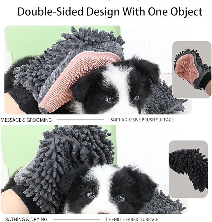 Dual Sided Pet Grooming Glove with Rubber Paw - 2-in-1 Grooming Glove | Fun Dogs & Cats Grooming Tool for Brushing, Massaging, and Scrubbing | Chenille Fabric Side Acts as Pet Bathing(Green)