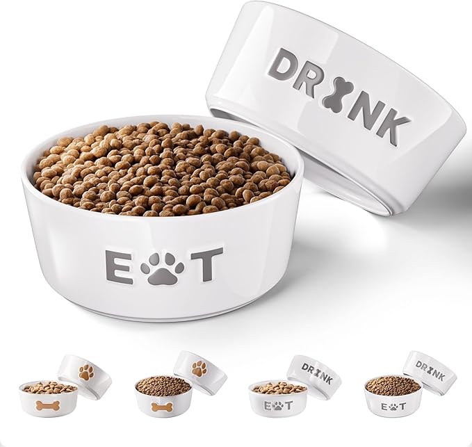 Ceramic Dog Bowl Set of 2 with Anti-Skid Base - 6.5" Wide x 2.5" Tall Ceramic Dog Bowls Medium Sized Dogs - 3.8 Cup Capacity Food and Water Bowls for Dogs - Rubber Bottom Pet Bowl Set of 2 Medium Size