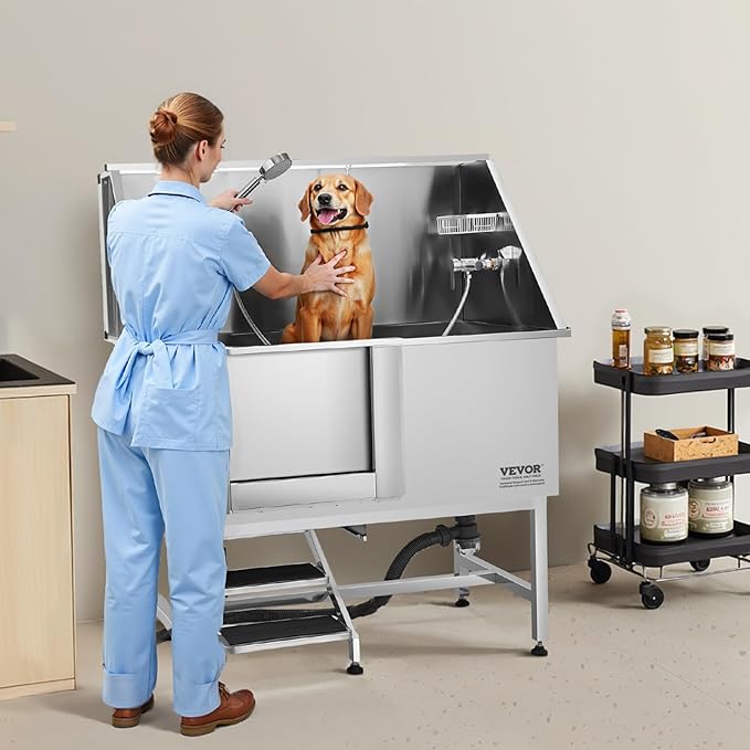 VEVOR Stainless Steel Dog Washing Station, Professional 50 inch Pet Grooming Tub w/Stairs, PE Water Filter Board, Faucet & Showerhead & Soap Holder Bathtub for Large & Medium & Small Pets (Left Door)
