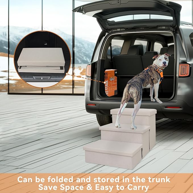 Dog Stairs with Storage 18" H, 3-Step Wider Dog Steps for Small/Medium/Large Old Dogs Cats, Folding Sturdy Pet Stairs Climbing Bed or Couch, Ramp for Car Up to 200 lbs (Beige, No Condo)