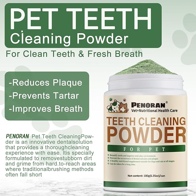 Dog Dental Powder, 6 oz, Dog Teeth Cleaning Powder & Cat Breath Freshener, Plaque Off Pet Tooth Cleaning - Combating Dental Plaque, Tartar Cleaning and Removal, Fighting Bad Breath, Oral Care
