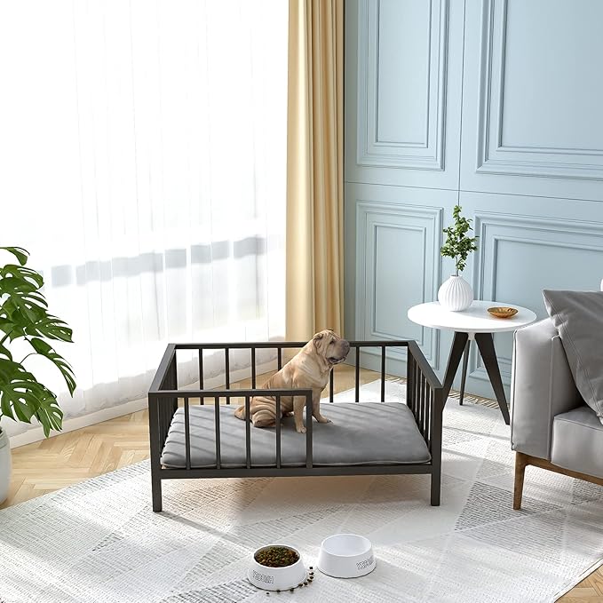 Dog Bed with Rails - Elevated Pet Metal Bed Frame with Solid Wood Board and Washable Soft Mat for Medium Dog Indoor or Outdoor Use, 25.2" x 37.8", Black