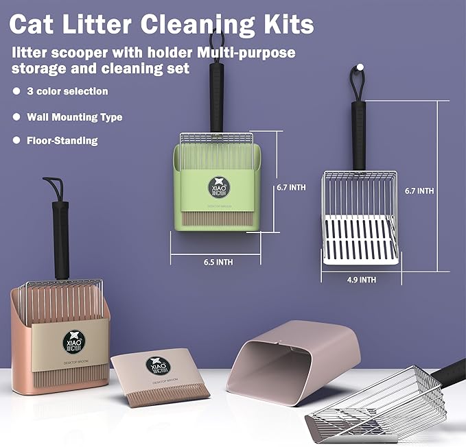 Cat Litter Scooper with Holder, Metal Litter Scoop Includes Portable Small Broom and Dustpan Set, Heavy Duty Stainless Steel Litter Scoop with Coarse and Fine Grid, Quick Sift and Easy Clean