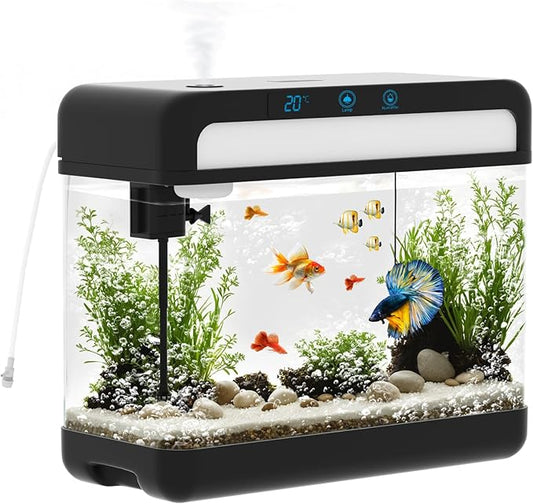 Fish Tank 3 Gallon Smart Aquarium Kits with Silent Water Pump,Self Cleaning System,7 Color Lights,Temperature Display, Aromatherapy, Advanced Filtration for Small Fish Kids Room Desktop Decor