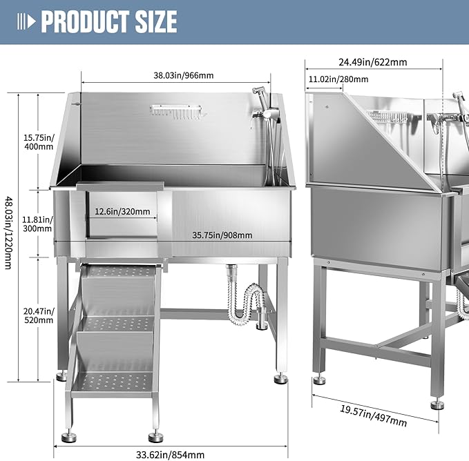38" Pet Dog Bathing Station W/Ramp, Professional Stainless Steel Dog Grooming Tub W/Soap Box, Faucet,Rich Accessory, Dog Bathtub for Large,Medium,Small Pets, Washing Sink for Home,L-RAMP