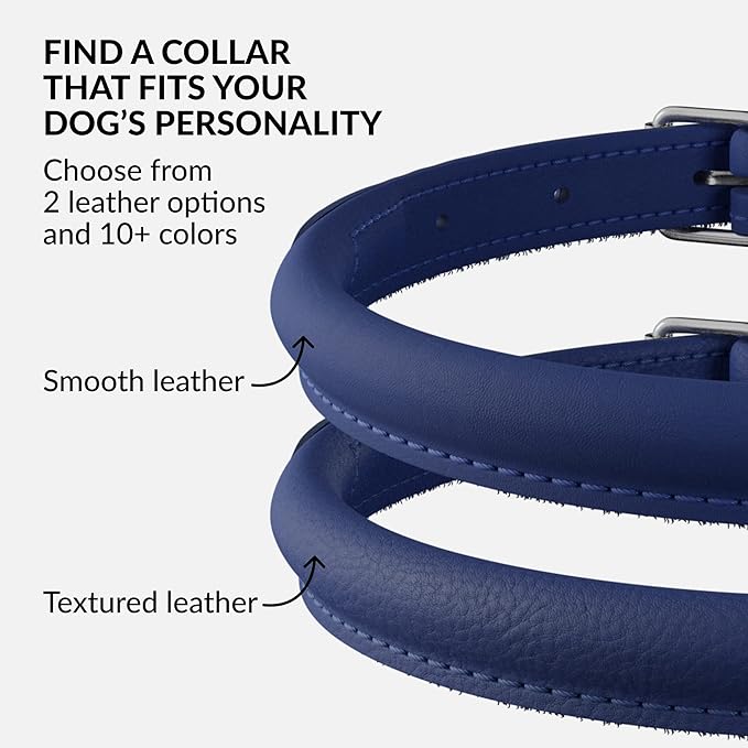 CollarDirect Rolled Leather Dog Collar, Soft Padded Round Puppy Collar, Handmade Genuine Leather Collar Dog Small Large Cat Collars 13 Colors (15-19 Inch, Deep Blue Smooth)