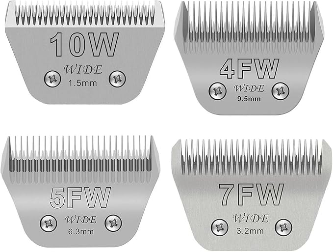 4PCS Wide Blades for Dog Grooming Blades Compatible with Andis,Oster A5,Wahl km10 Dog Clippers Stainless Steel Blades for Animal Dog,Cat,Horse,Silver Size: #10W+30W+5FW+7FW