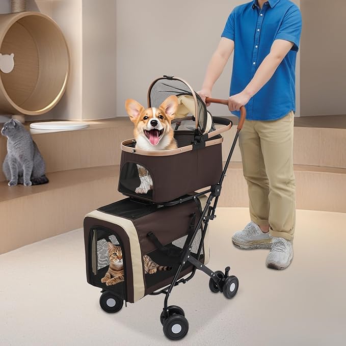 Foldable Pet Stroller for Small & Medium Dogs, Double Dog & Cat Stroller with 3-in-1 Travel System, Detachable Pet Carrier with Wheels for Cats and Dogs up to 77 lbs, Coffee Color