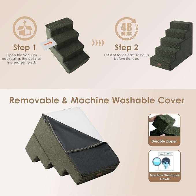 EHEYCIGA Dog Stairs for High Bed 22.5" H, 5-Step Dog Steps for Bed, Pet Steps for Small Dogs and Cats, Non-Slip Balanced Pet Ramp Indoor, Olive Green