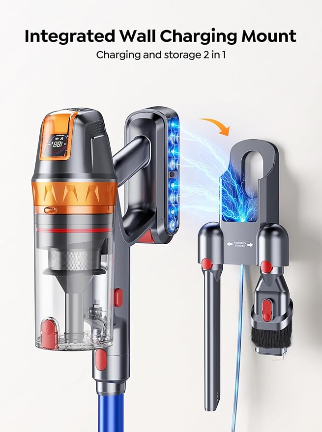 Cordless Vacuum Cleaner, 600W with Extra Mattress Cleaning Tool, 45KPA Stick Vacuum Cleaners for Home 60 Mins Runtime, Self-Standing, Wall Mount Charging, Rechargeable Vacuum for Floor Carpet Pet Hair