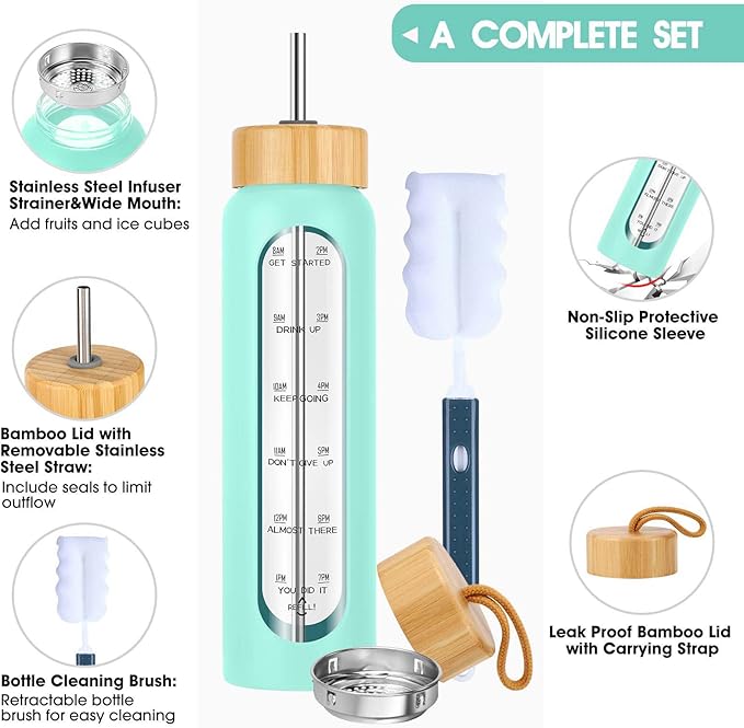 32 oz Glass Water Bottle with Straw - Motivational Time Marker & Silicone Sleeve - Reusable Tumbler Includes 2 Bamboo Lids & Fruit Infuser - 1 Pack