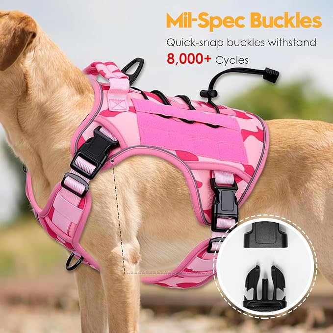 Heavy-Duty Tactical Dog Harness for Large Dogs, No Pull Adjustable Reflective Pet Vest with Molle System, K9 Military-Grade Control for Service Training, Outdoor & 10+ Breeds, Pink Camo, X-Large