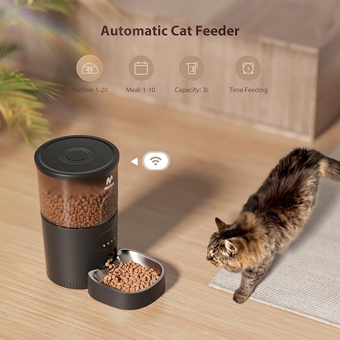 Automatic Cat Feeder, 5G WiFi Cat Food Dispenser with APP Remote Control, Pet Dry Food Smart Feeder, Programmable Timed Feeding, Dual Power Supply, 1-10 Meals Per Day, Stainless Steel Bowl