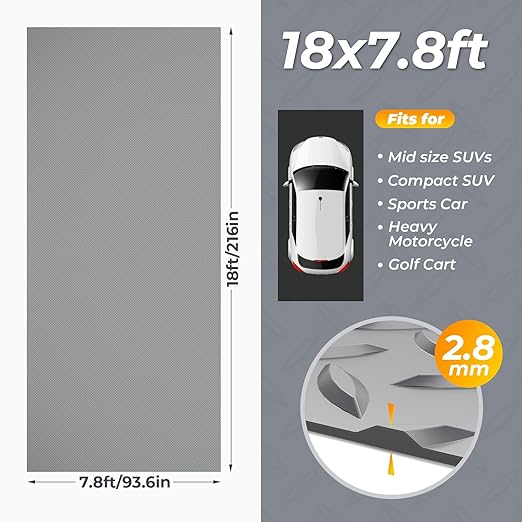 7.8 x 18 FT Garage Floor Mats for Under Car, 2.8mm Thickened Rubber Garage Flooring Roll, M Size 140.4 SQFT Garage Car Mat for Mid-Size SUVs, Sports Car, Light Grey
