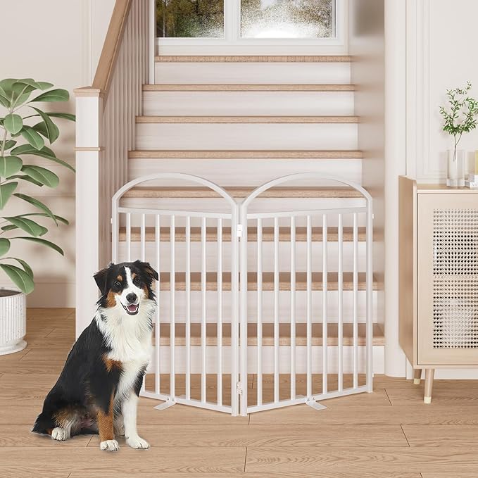 2 Panles Full Matel Freestanding Dog Gates with Door, 48"Extra Wide 32"Tall Free Standing Dog Pet Gate for Indoor & Outdoor. Foldable Pet Fences for Doorways, House, Stairs, Porch, Deck, Yard