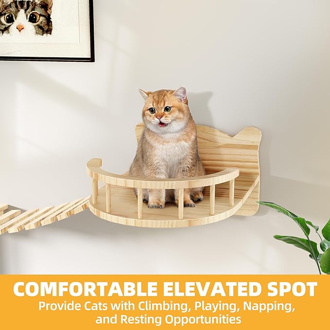 Cat Wall Shelves, Cat Wall Furniture Pine Wooden Feline Shelf, 9 Piece Shelves and Perches with Bed, House, Steps, Bridge Ladder and Scratching Post