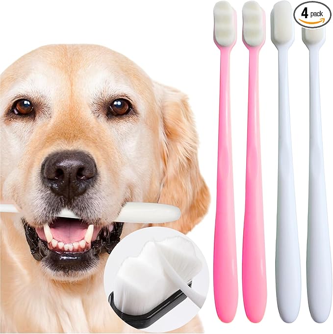 Dog Toothbrush Kit 4 Pack, 10,000 Ultra-Soft Bristles, Dog Tooth Brush for Medium to Large Dogs & Cats, Pet Tooth Brushing Kit for Easy Dental Cleaning, 2 Pink Wave Head & 2 White Flat Head