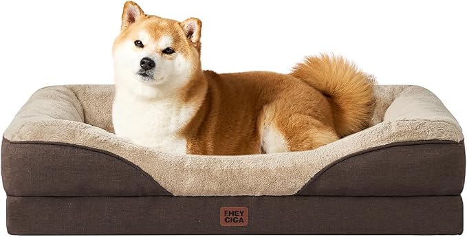EHEYCIGA Memory Foam Dog Bed for Medium Size, Orthopedic Dog Sofa with Sides and Waterproof Liner, Washable Bolster Pet Couch with Removable Cover, 35x22x6.5 Inch, Brown