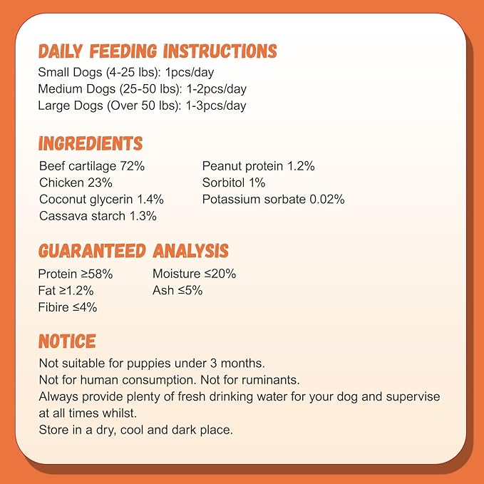 Dog Treats Chicken Wrapped Beef Cartilage w/Calcium Supplement, Long-Lasting Rawhide Free Grain Free Training Treats Snacks for Small Medium Large Dogs, 12 Counts, 10.6oz