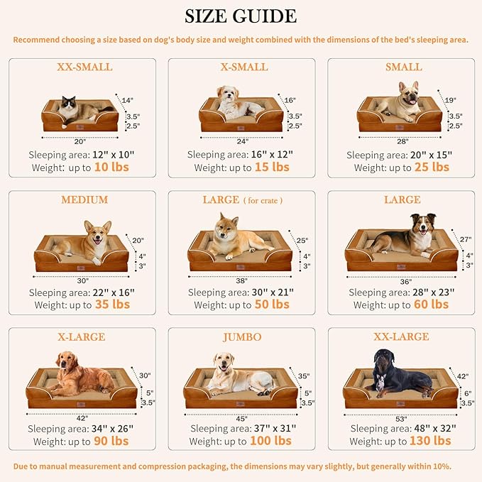 Comfort Expression Orthopedic Dog Beds for Extra Large Dogs, PV Washable Dogs Sofa Beds Jumbo, Waterproof Dog Bed with Removable Cover & Non-Slip Bottom(Jumbo,Caramel)