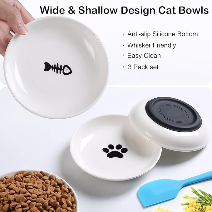 Cat Food Bowl,Healthy Ceramic Cat Bowls for Indoor Cats,Anti Whisker Fatigue Cats Dishes Set,Shallow Wide Kitten Plates for Food and Water,Non-Slip Silicone Bottom,3 Pack