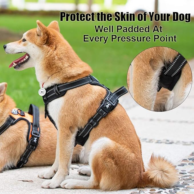 PoyPet No Pull Dog Harness, Reflective Comfortable Vest Harness with Front & Back 2 Leash Attachments and Easy Control Handle Adjustable Soft Padded Pet Vest for Small to Large Dogs (Black,S)