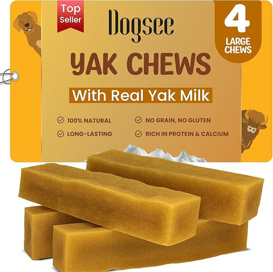 Dogsee Original Yak Cheese Himalayan Dog Chews 1lb (Large - 4 Bars) | 100% All Natural | Dog Treats Large Breed | Dog Chews Long Lasting for Aggressive Chewers | High Protein Dental Sticks