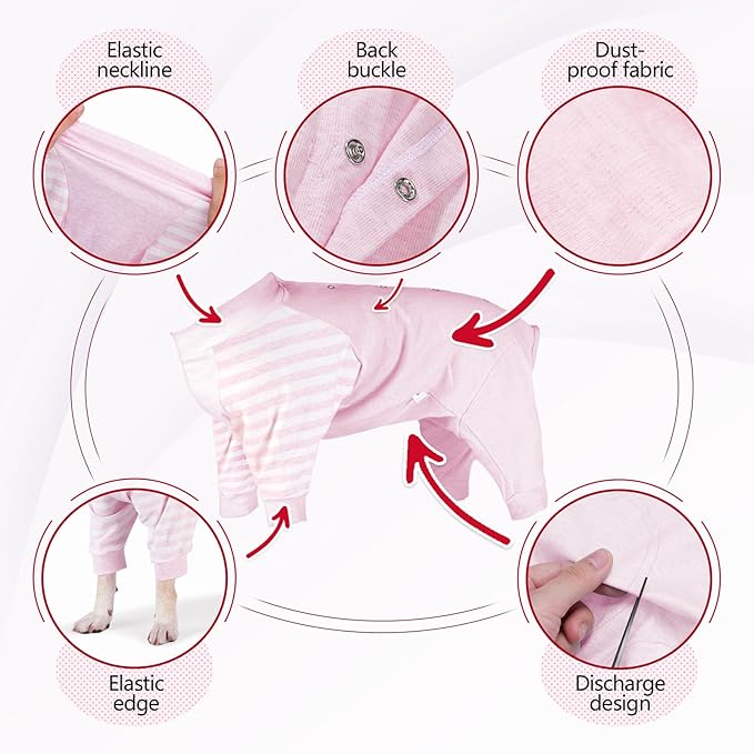 Dog Recovery Suit, Abdominal Wound After Surgery Wear, Anti Licking Bodysuit with Snaps, E-Collar & Cone Alternatives, Striped Dog Spay Surgical Pajamas Prevent Shedding(Large, Pink)