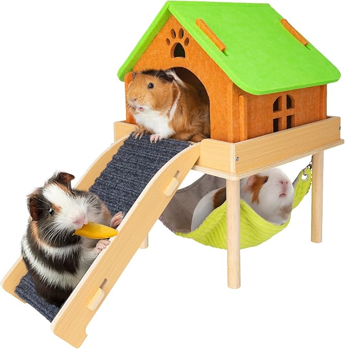 3 in 1 Enlarged Guinea Pig Hammock with House & Platform,Wooden Guinea Pig Hideout with Hammock & Stairs Small Animal Toys for Hiding Sleeping Activities