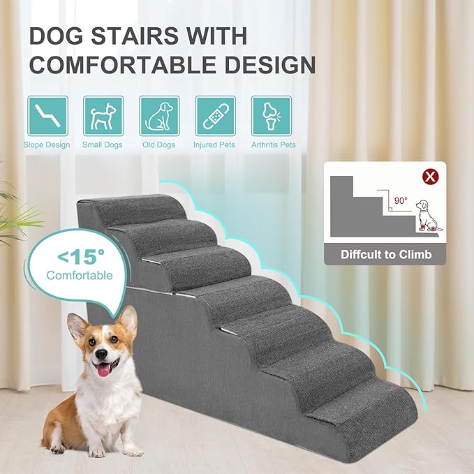 7-Step Dog Stairs for High Bed - 29.5" Adjustable Dog Ramps for Couch, Non-Slip Sturdy Pet Steps for Small Dogs, Washable Cover, Removable Modular Design, Dual 11.8” & 17.7” Steps for Custom Height