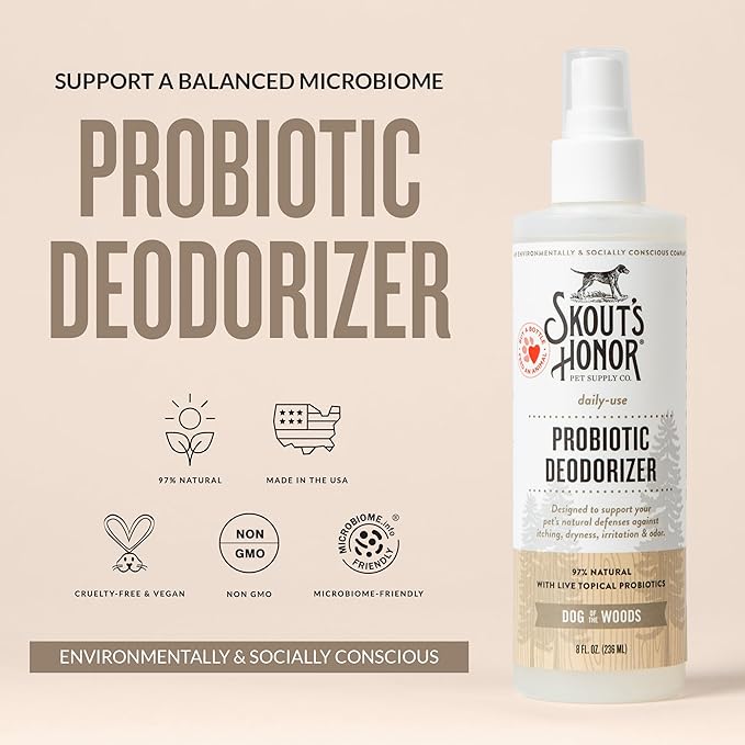SKOUT'S HONOR Probiotic Pet Deodorizer Spray- Hydrating Daily-Use with Avocado Oil & Omega-3s, Microbiome Friendly Certiified, Paraben & Sulfate-Free, 97% Natural, 8oz, Dog of The Woods