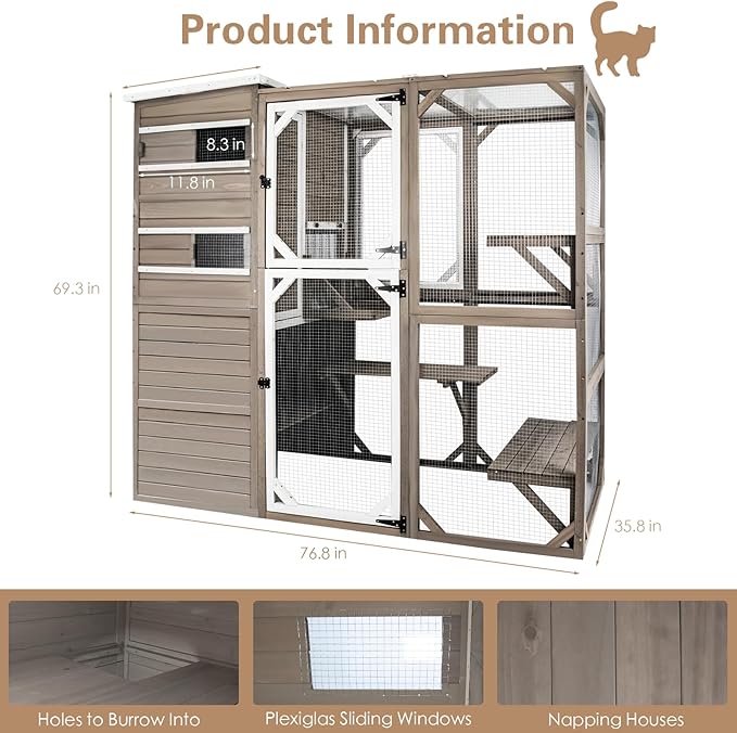 Catio Outdoor Cat Enclosure, Large Cat House Cat Cage Condo Indoor Playpen Kitty Shelter with Multi-Level Platforms, Waterproof Roof, Pull-Out Tray, and 2 Resting Boxes