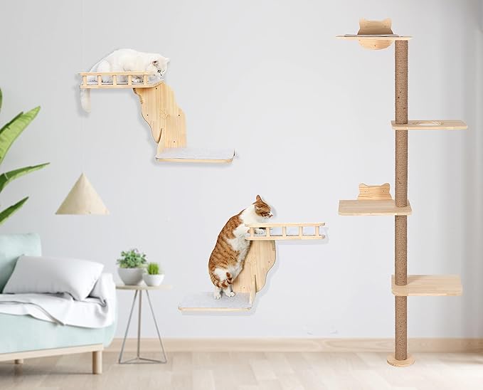 Cat Wall Perches, 2-Levels Corner Shelves Wall-Mounted Platform with Scrathing Mat, Wood Furniture for Indoor Cats Climb,Play and Nap (Left)