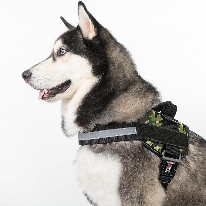 Dogline Dog Harness, Reflective No-Pull Adjustable Vest with Handle for Walking, Training, Breathable, No - Choke Harness for Small, Medium or Large Dogs Room for Patches Girth 18 to 24 in Green Camo
