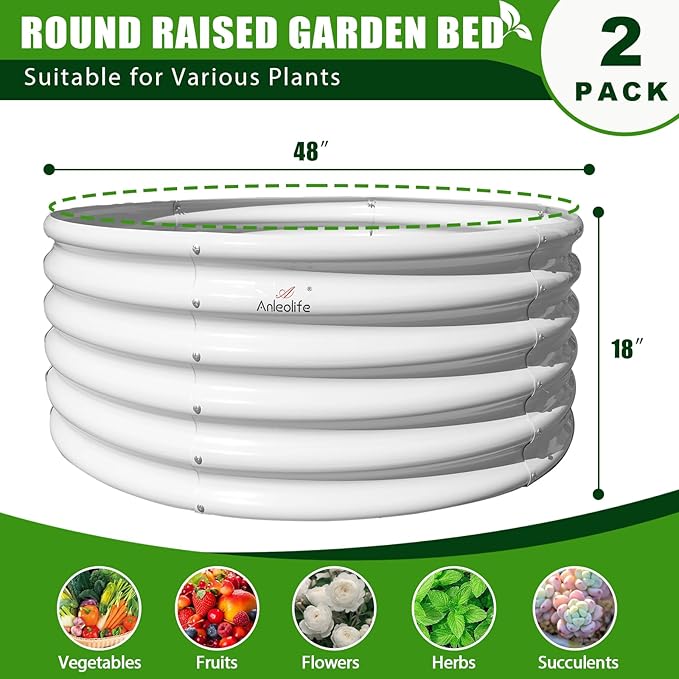 A ANLEOLIFE 2-Pack 4ft x 18” Tall Galvanized Raised Garden Beds Outdoor, Round Metal Planter Box for Planting Vegetables Flowers Herb, Anti-Rust & Easy-Setup, Antique White