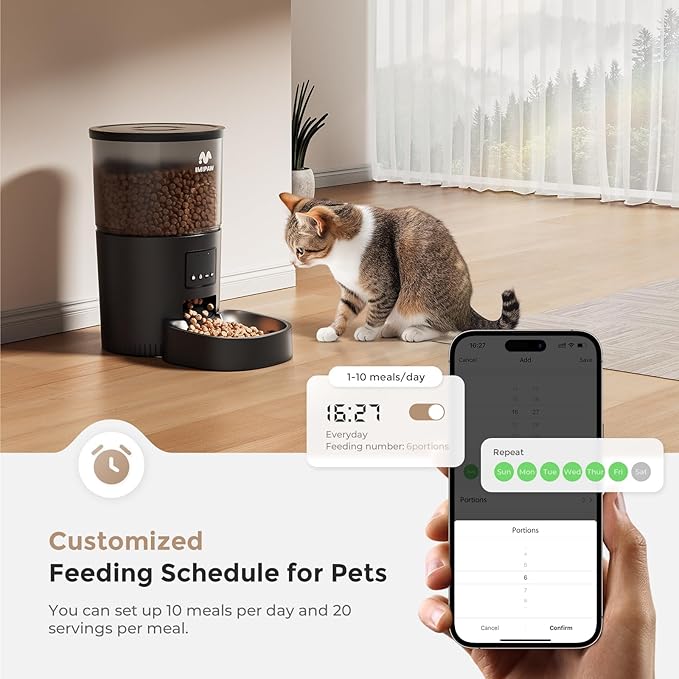 Automatic Cat Feeder, 5G WiFi Cat Food Dispenser with APP Remote Control, Pet Dry Food Smart Feeder, Programmable Timed Feeding, Dual Power Supply, 1-10 Meals Per Day, Stainless Steel Bowl