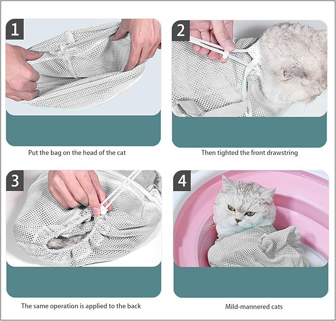 7-Piece Cat Bathing Set - Anti-Scratch Silicone Shoes, Claw Covers, Shower Net, Bathing Bag & Elizabethan Collar (Grey-3)