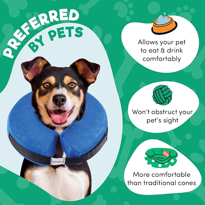 BENCMATE Inflatable Dog Cone Collar Alternative, Soft Dog Cone for Small Medium Large Dogs and Cats, Neck Recovery ECollar Donut Collar After Surgery (Large+, Blue)