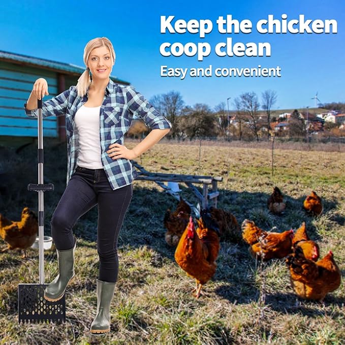 Chicken Poop Scooper, 2-in-1 Coop Litter Scoop, Heavy Duty Metal Adjustable Shovel for Sand/Litter