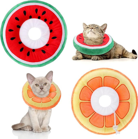 2 Pcs Adjustable Cat Cone Collar Soft Small Cute Cat Recovery Donut Collar After Surgery Orange Watermelon Elizabethan Kitten Neck Cones for Small Dogs Pet, Fruits Shaped, Under 7 lbs