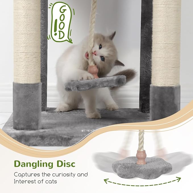 Globlazer Cat Tree, 70 inch Tall Scratching Tower Multi-Level Cat Condo for Indoor Multiple Cats with 2 Large Cat Caves, Top Perch, Large Platform, Bottom Swing, F70B, Light Grey