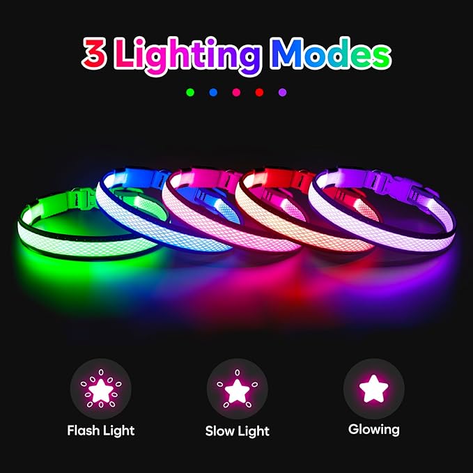 Flashseen LED Dog Collar, USB Rechargeable Light Up Dog Collar Lights, Adjustable Comfortable Soft Mesh Safety Pet Collar for Small, Medium, Large Dogs(Medium, Candy Pink)