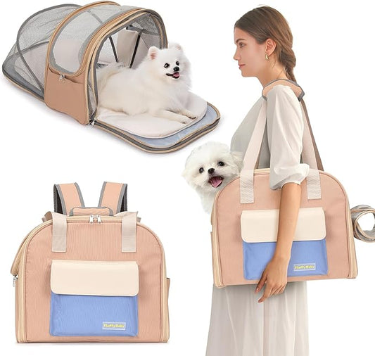 Expandable Pet Carrier Backpack, Cat Carrier Backpacks with Breathable Mesh for Cats Small Dogs Puppies Up to 25 Lbs Airline Approved Waterproof Travel Carrier with Safety Buckle for Hiking & Flights