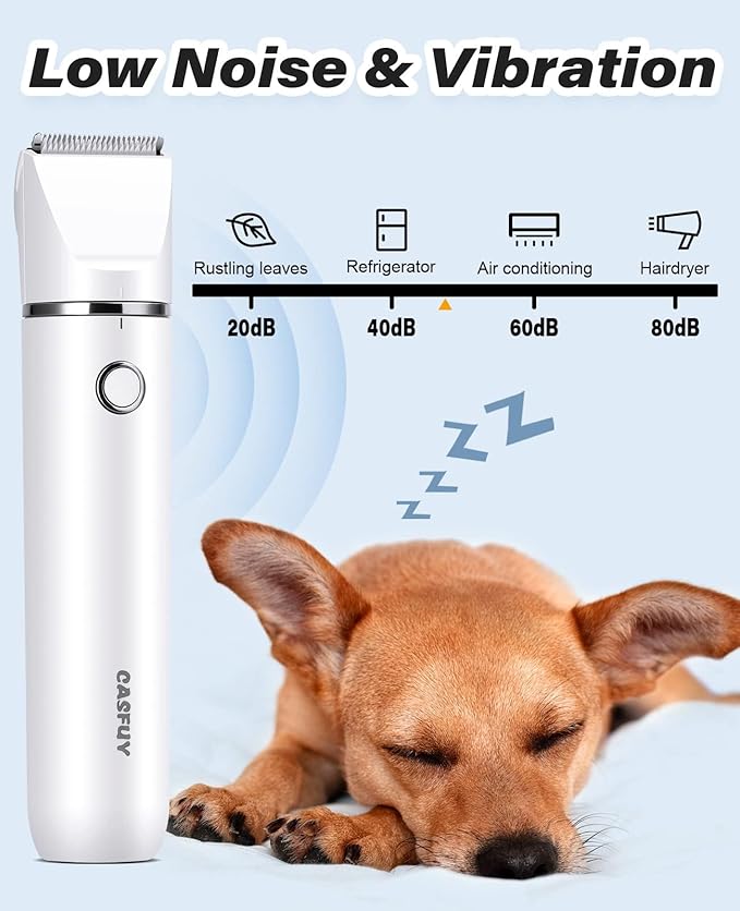 Casfuy Cordless Dog Paw Trimmer - Low Noise Small Dog Clippers with Double Blades USB Rechargeable Grooming Clipper for Dogs Cats and Small Pets for Trimming Hair Around Paws, Eyes, Ears, Face, Rump
